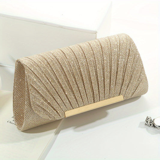 Ruched Evening Bag Metal Decor Clutch Prom Purse Women's Chain Handbag