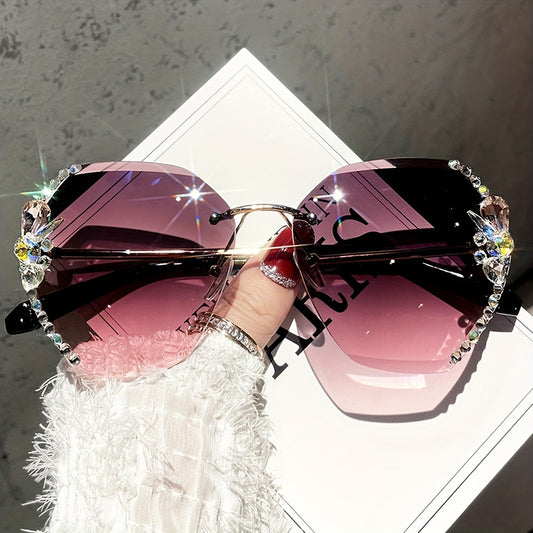 Rhinestone Rimless Sunglasses Large Gradient UV400 Sun Shades