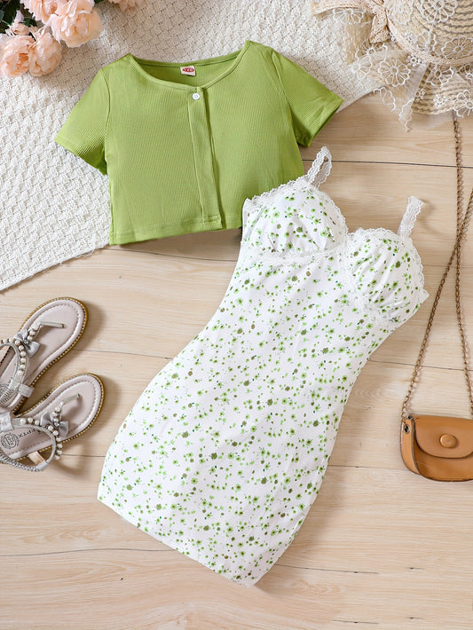 Floral Lace Sundress & Cardigan Set for Girls
