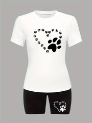 Women's Plus Dog Footprint Print Tee & Shorts Set