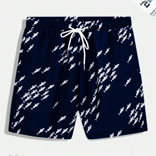 Men's Fish Graphic Drawstring Beach Shorts for Summer