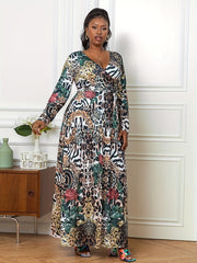  Allover Print Long Sleeve Maxi Dress With Belt