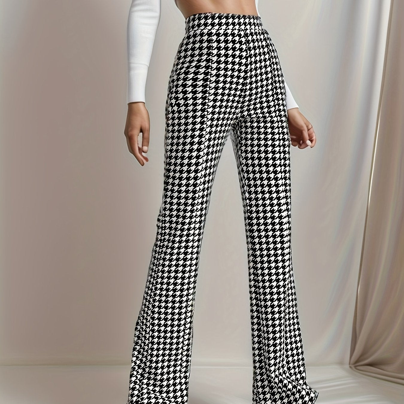  Women's Houndstooth Print High Rise Flared Leg Trousers