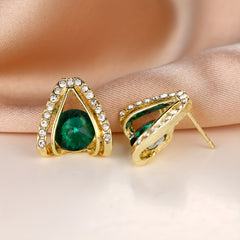 Green Stone Stud Earrings 18K Plated Women Girls 1Pair