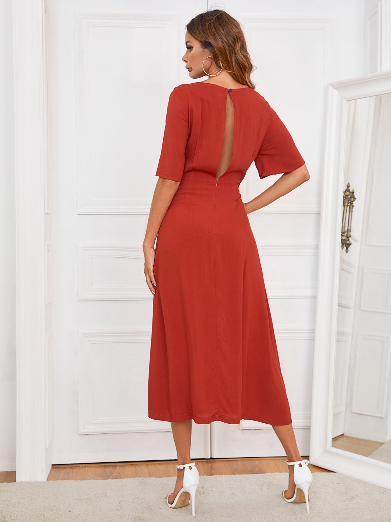 Red Crew Neck Backless Flounce Sleeve A-Line Bridesmaid Dress