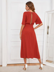 Red Crew Neck Backless Flounce Sleeve A-Line Bridesmaid Dress