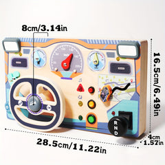 Wooden Busy Board Sensory Toys with Light Switch Steering Wheel