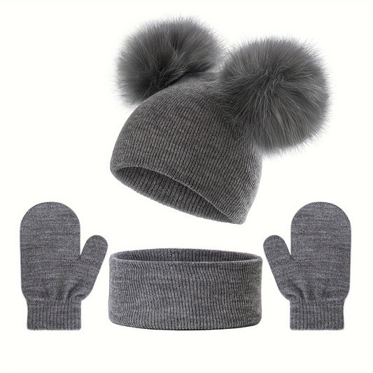 Kids Knitted Hat Neck Gaiter Gloves Set Warm Outdoor Casual Autumn Winter