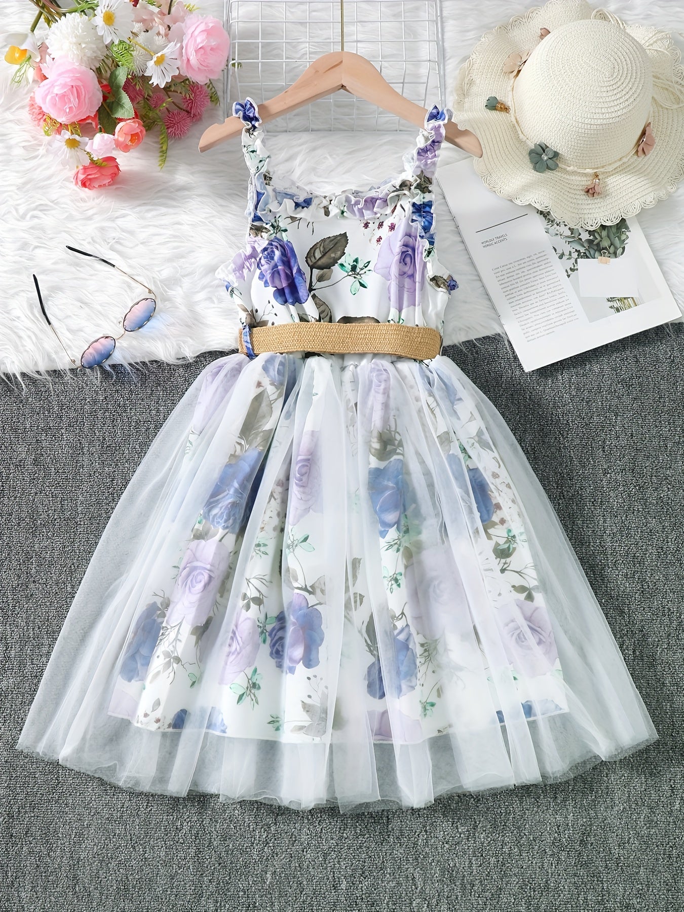 Girls Floral Print Mesh Tulle Cami Dress with Belt