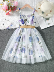 Girls Floral Print Mesh Tulle Cami Dress with Belt
