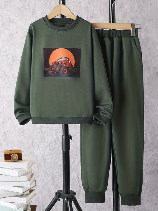 Boy's Cartoon Car Sweatshirt & Sweatpants Set for Spring Fall