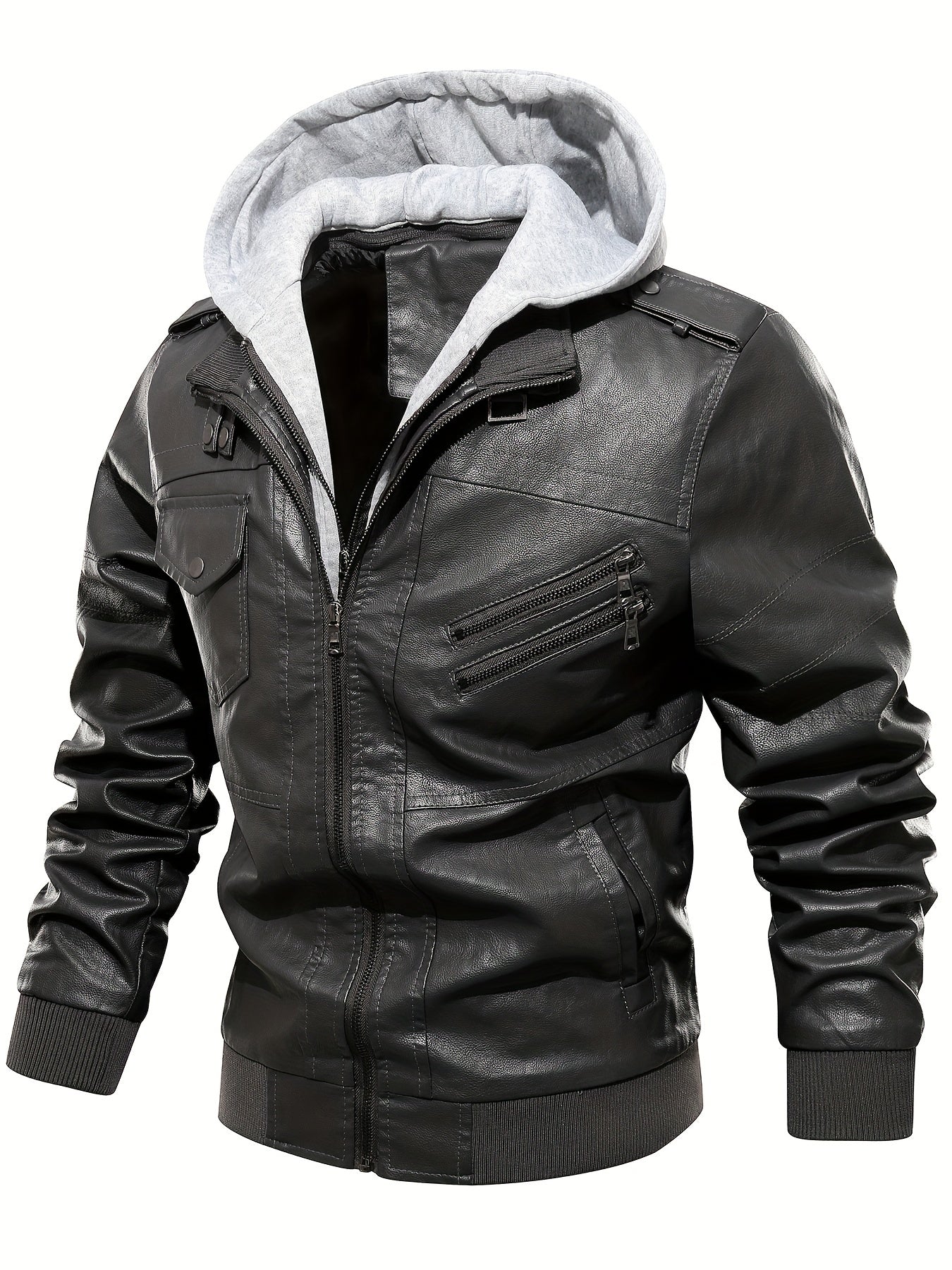 Men's PU Leather Hooded Jacket for Outdoor Cycling