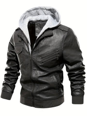 Men's PU Leather Hooded Jacket for Outdoor Cycling