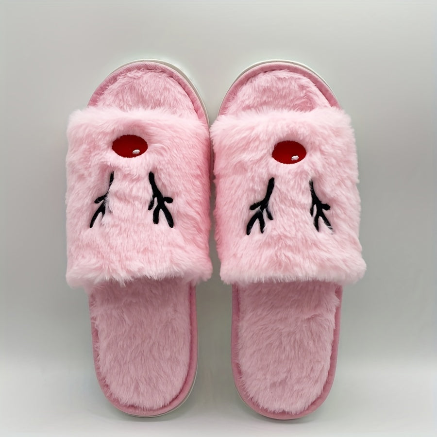 Christmas Elk Plush Slippers Open Toe Cozy Slip On Flat Fuzzy Shoes