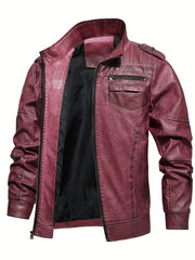 Men's Stand Collar PU Leather Jacket Retro Windproof Warm Jacket