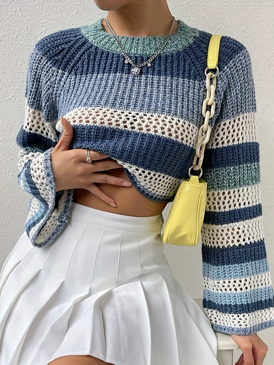 Hollow Out Block Knit Sweater Casual Crew Neck Long Sleeve