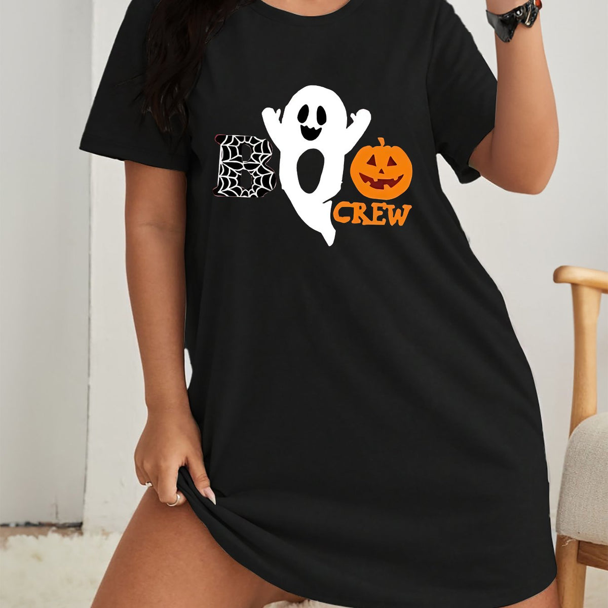 Women's Plus Size Halloween Lounge Dress Ghost & Pumpkin Print Tee Nightdress