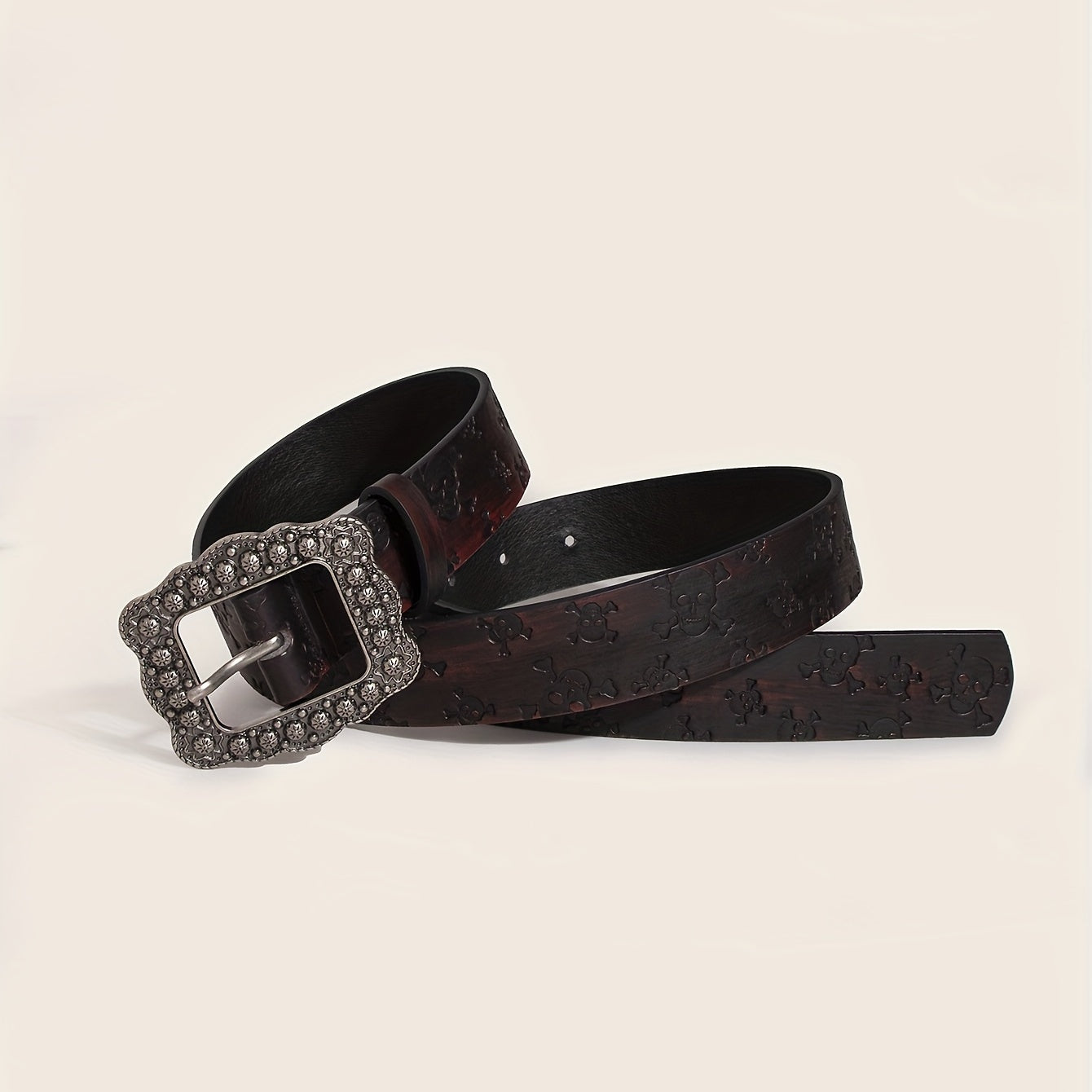 Vintage Carved Buckle Brown Belt Skull Pattern Embossed PU Leather Belt