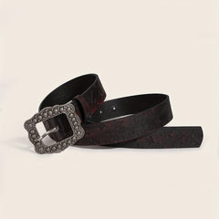 Vintage Carved Buckle Brown Belt Skull Pattern Embossed PU Leather Belt