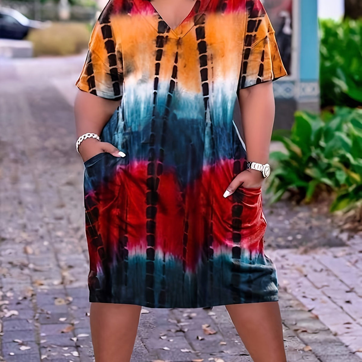  Tie Dye Ruched V Neck Dress With Pockets