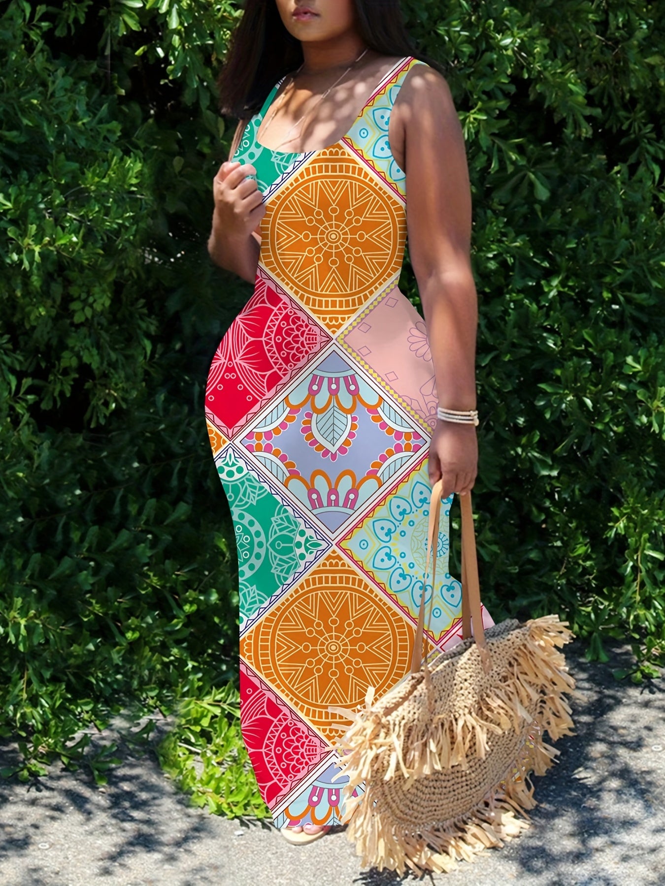  Colorblock Geometric Print Maxi Tank Dress