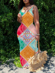  Colorblock Geometric Print Maxi Tank Dress