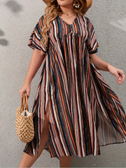  Women's Short Sleeve Striped Split Dress