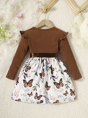Girls Butterfly Print Ribbed Long Sleeve Dress