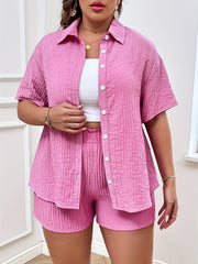 Women's Plus Solid Button Up Drop Shoulder Blouse & Shorts Set