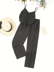 Texture Drawstring Pajama Set Lace Up Sleeveless Cami & Loose Pants