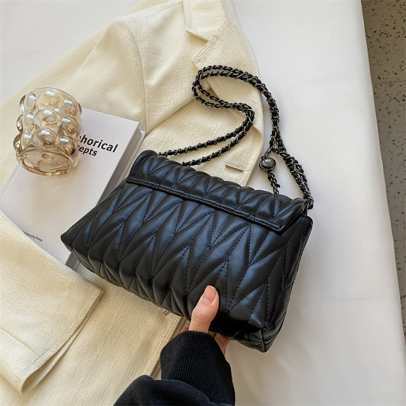 Argyle Quilted Chain Shoulder Bag PU Leather Flap Purse Women's Buckle Decor