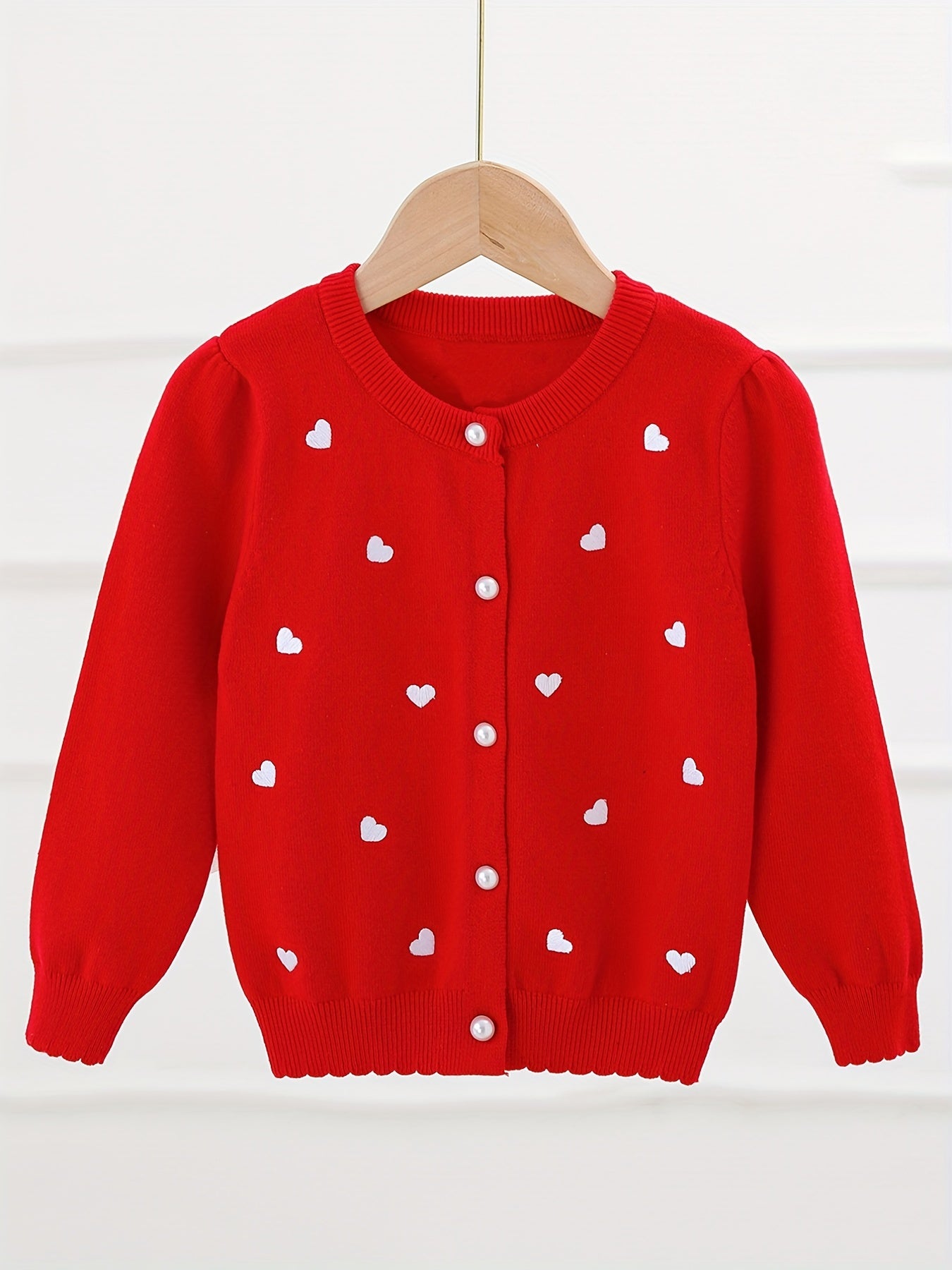Girls' Pearl Button Down Knit Cardigan Sweater With Hearts Jacquard