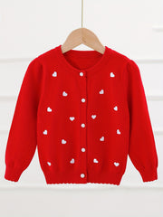 Girls' Pearl Button Down Knit Cardigan Sweater With Hearts Jacquard