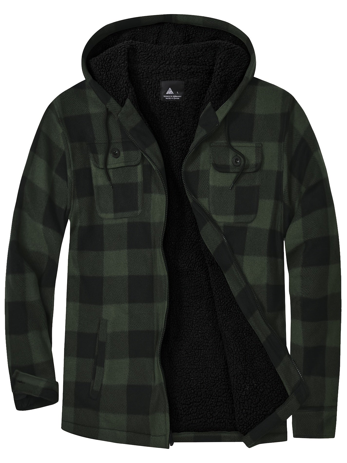 Men's Plaid Fleece Zip Hooded Jacket Outdoor Fall Winter