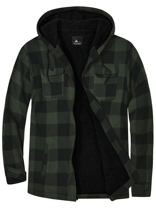 Men's Plaid Fleece Zip Hooded Jacket Outdoor Fall Winter