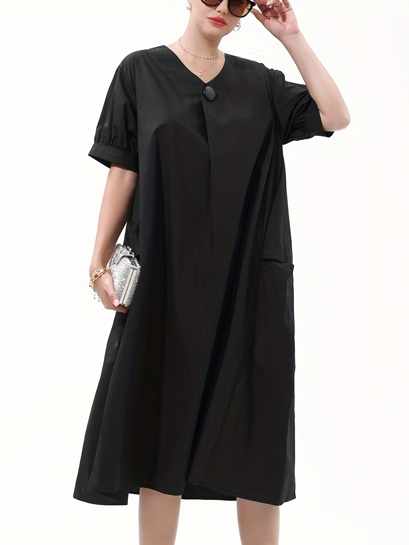  V-Neck Button Decor Loose Dress With Pockets
