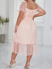  Polka Dot Mesh Overlay A-Line Dress