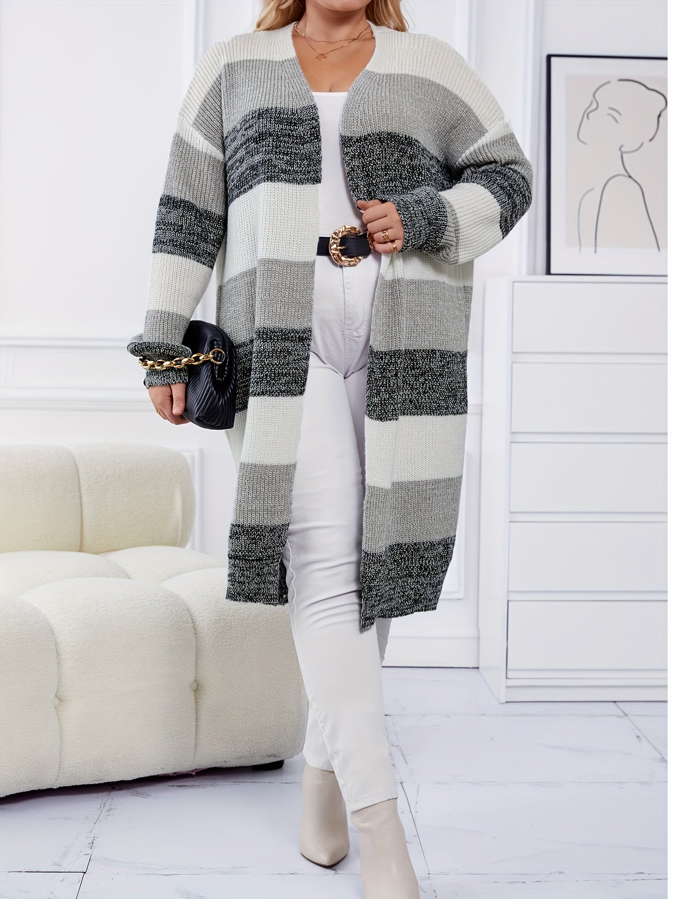  Colorblock Long Sleeve Open Front Cardigan