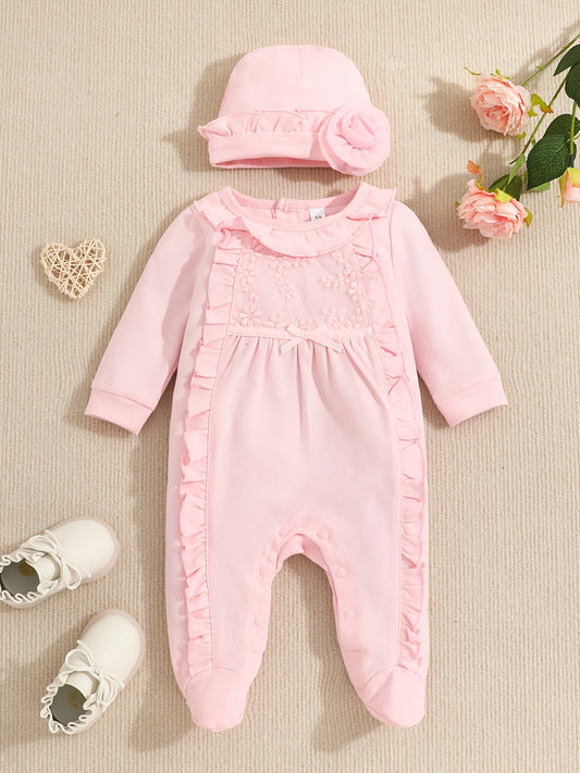 Baby Girls Cotton Footies Footed Jumpsuit Hat Ruffle Long Sleeve Romper