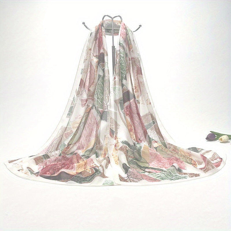 Vintage Leaf Print Chiffon Scarf Thin Gauze Shawl