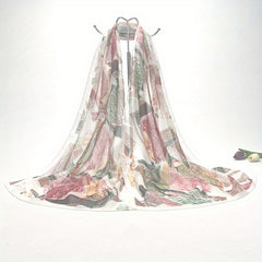 Vintage Leaf Print Chiffon Scarf Thin Gauze Shawl