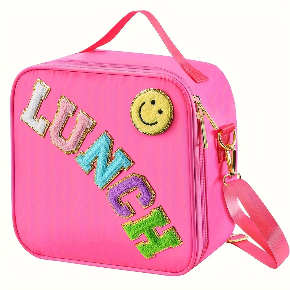 Preppy Insulated Lunch Bag with Adjustable Strap and Chenille Letter Patch