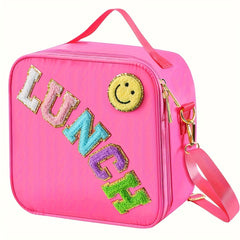 Preppy Insulated Lunch Bag with Adjustable Strap and Chenille Letter Patch