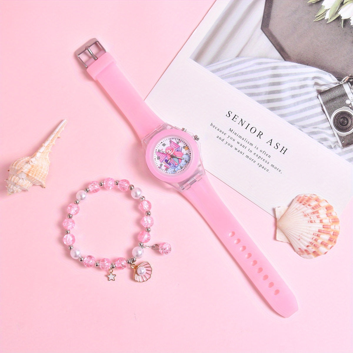 Girls Silicone Strap Watch & Bracelet Set