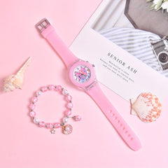 Girls Silicone Strap Watch & Bracelet Set
