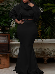  Solid Batwing Sleeve Hooded Crop Top & Maxi Mermaid Skirt Set