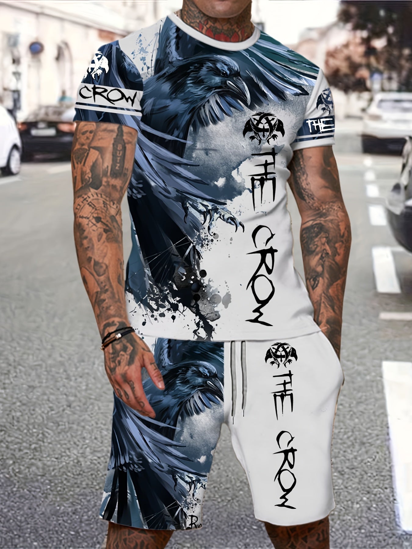 Ink Eagle Painting Pattern Mens 2 Piece Outfits Summer Set