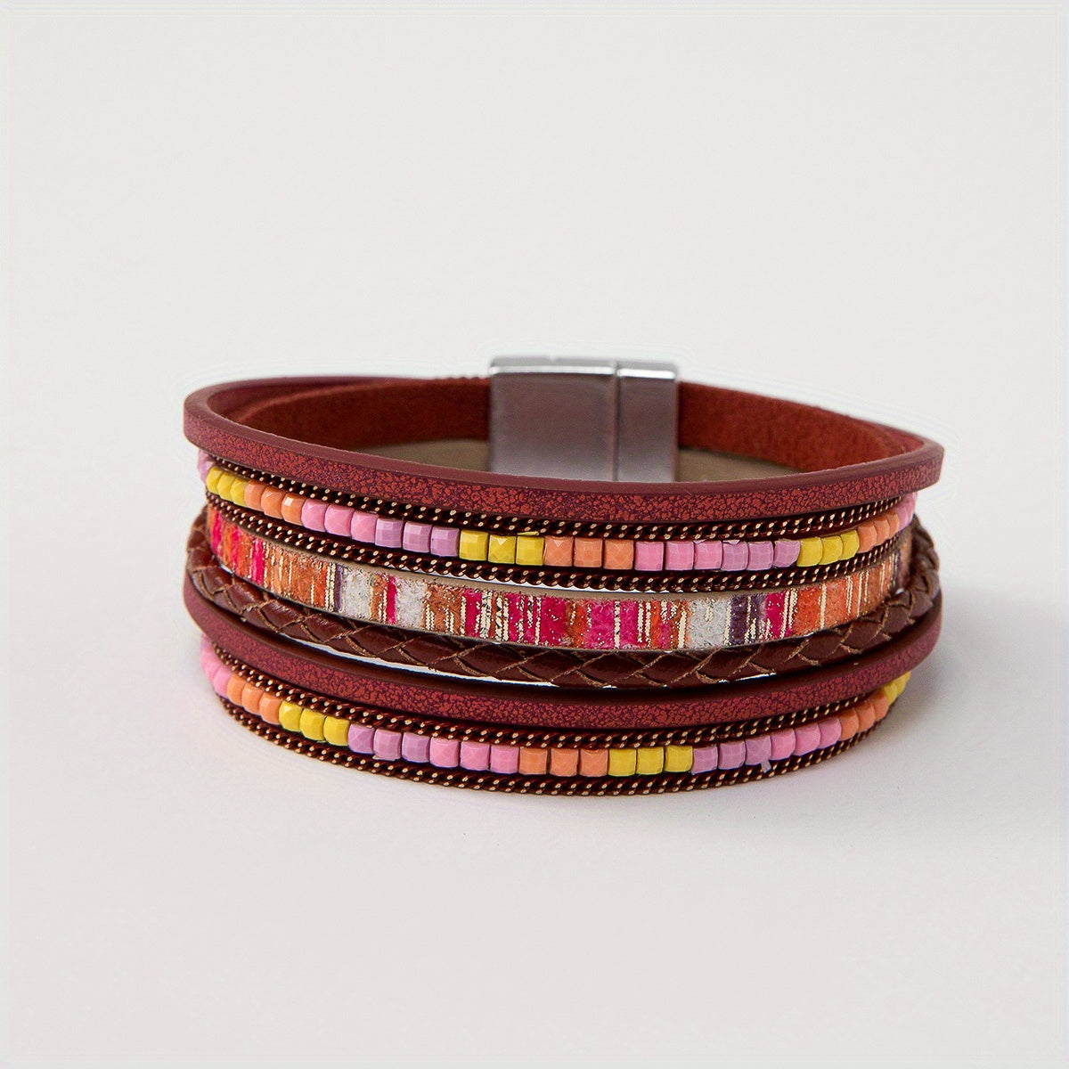 Colorful Boho PU Leather Wrap Bracelet Magnetic Buckle