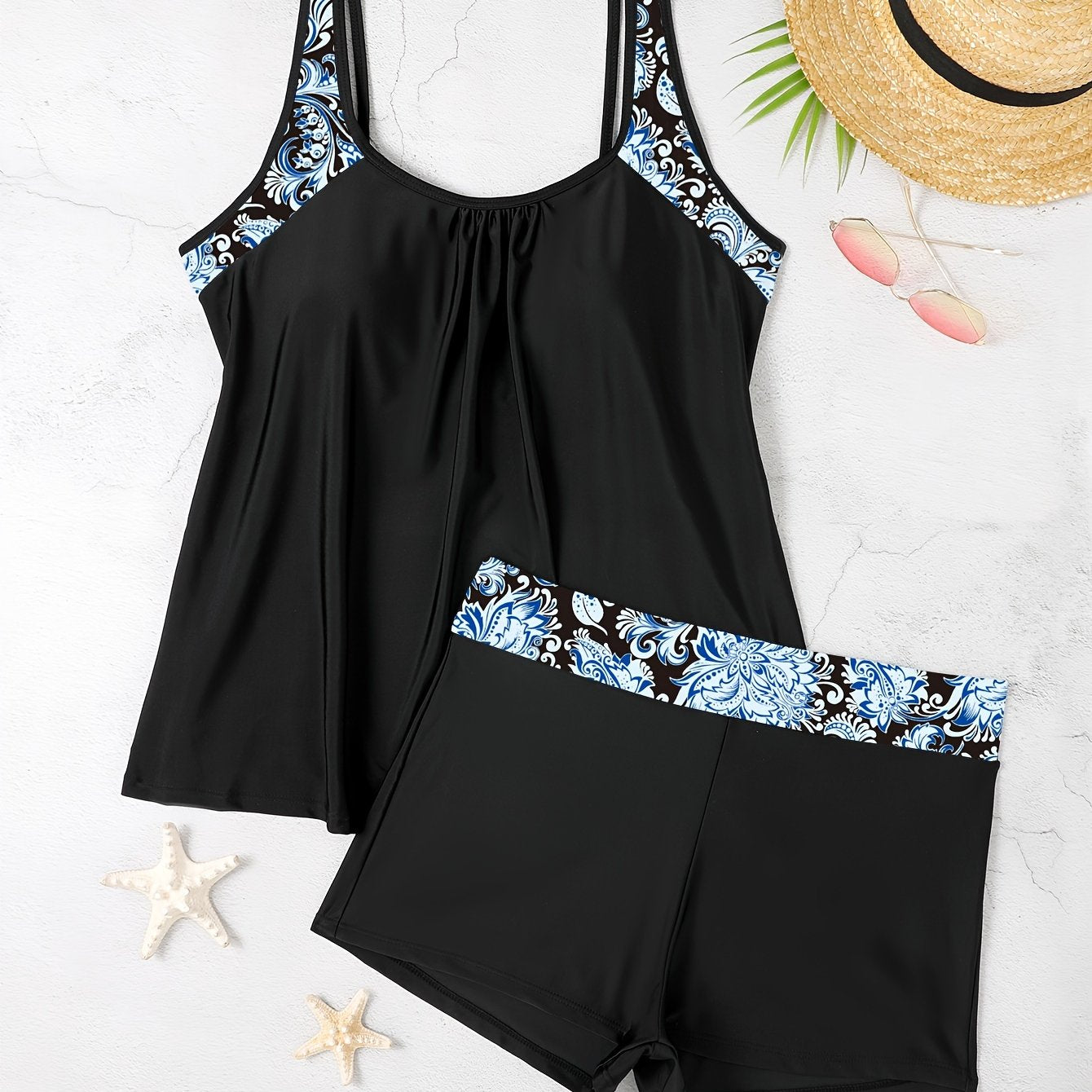  Floral Tankini Set Split Strap Top & Shorts Two Piece