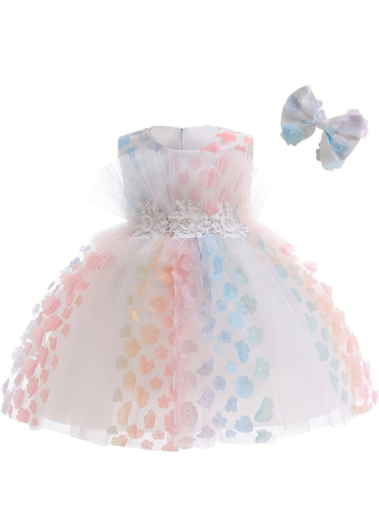 Flower Decor Sleeveless Mesh Gown Princess Dress & Headband Set